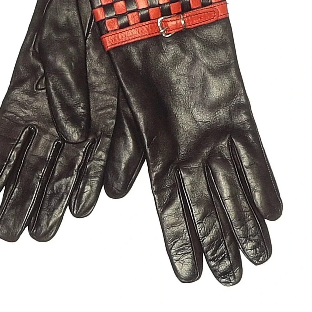 Solo Black Leather Gloves Red Woven Checkerboard Buckle Trim Chic Sz 8 Goth Moto